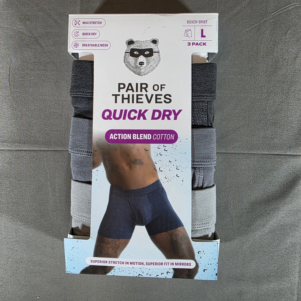 Pair of Thieves Men Quick Dry Boxer Briefs 3 Pack Grey Action Blend Cotton Large
